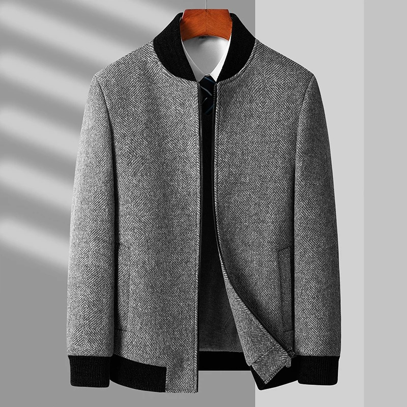 Men's Wool Blend Jacket – Gray Coffee Round Collar Business Casual Coat