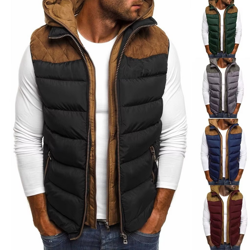 Men's Hooded Winter Sleeveless Jacket – Warm Zipper Vest with Embroidery