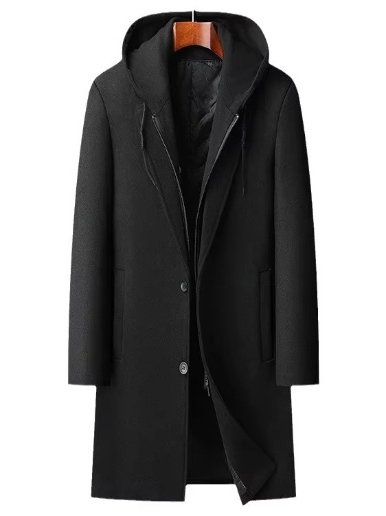 Men's Hooded Wool Blend Cashmere Long Trench Coat