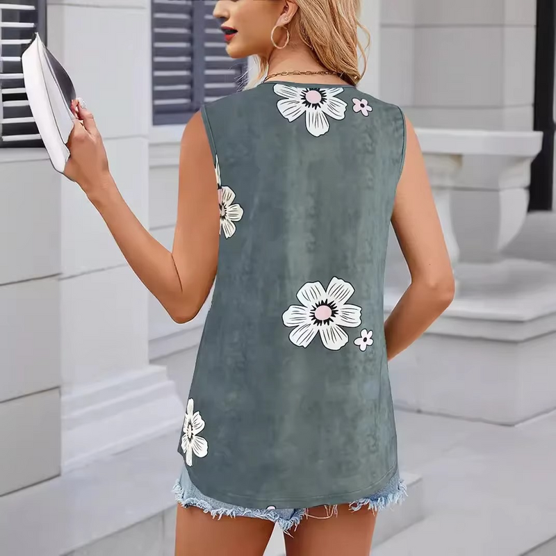 Floral Print Sleeveless Round Neck Women's Casual Vest