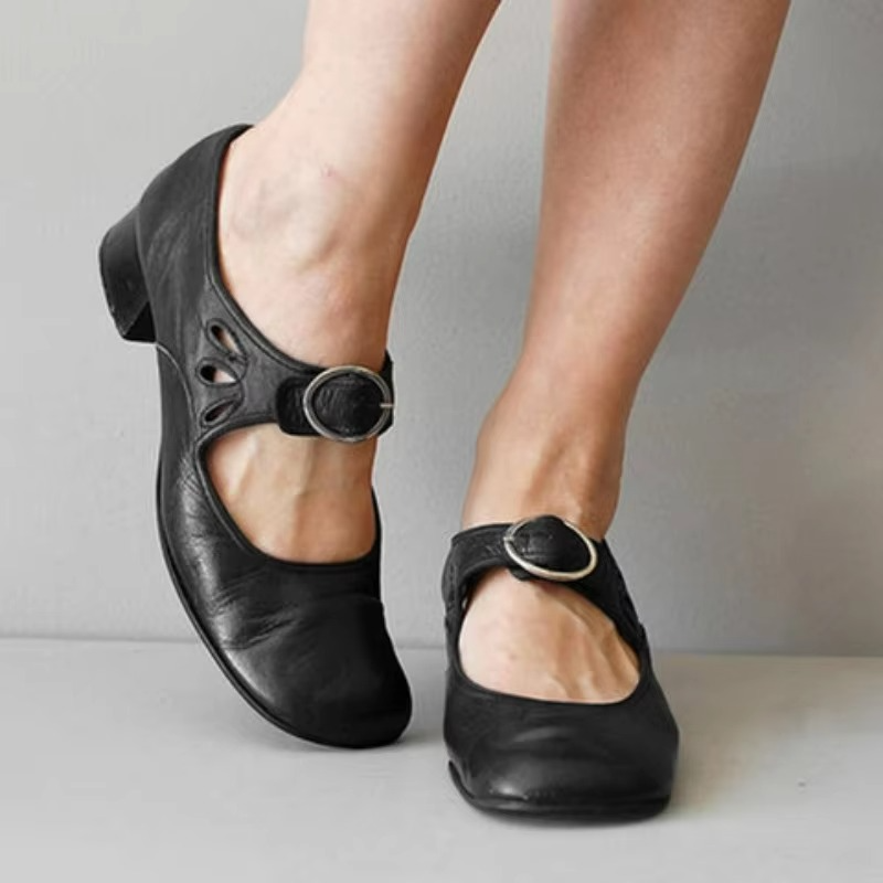 Retro Low Heel Women’s Dress Shoes with Soft Sole and Buckle Strap