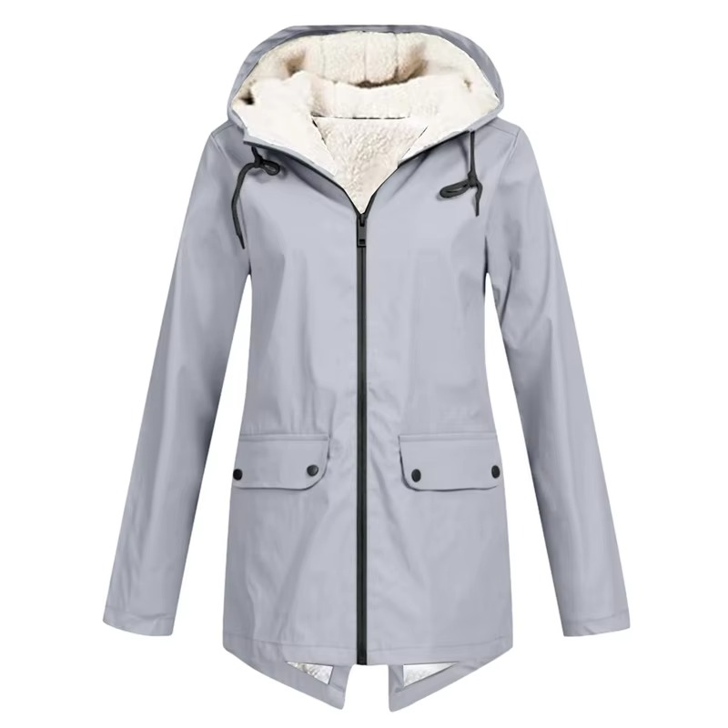 Women's Waterproof Hooded Velvet-Lined Windbreaker Trench Coat for Autumn and Winter