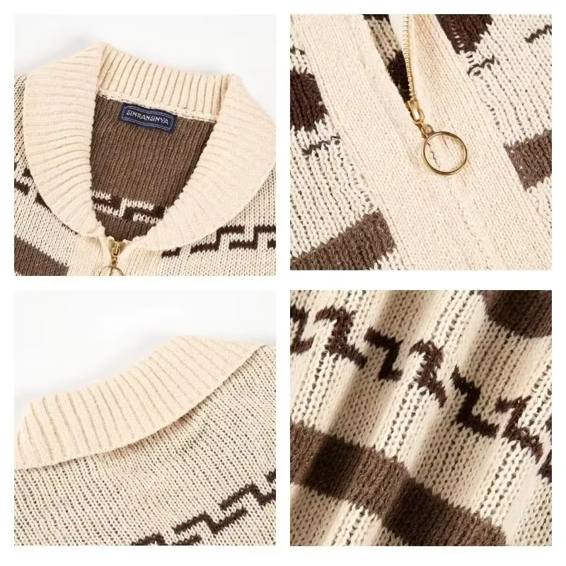 Men’s Vintage Jacquard Knit Shawl Collar Zipper Cardigan
