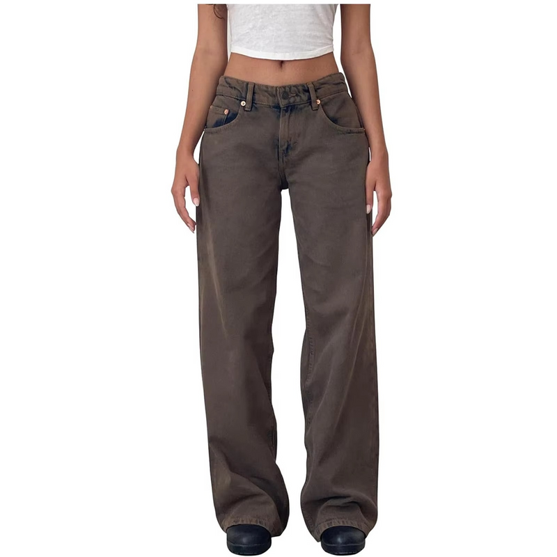 Retro Washed Mid Waisted Straight Leg Jeans for Women