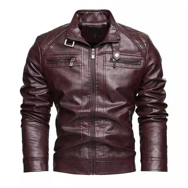 Men’s Vintage PU Leather Moto Jacket, Stand Collar Biker Coat for Autumn and Winter