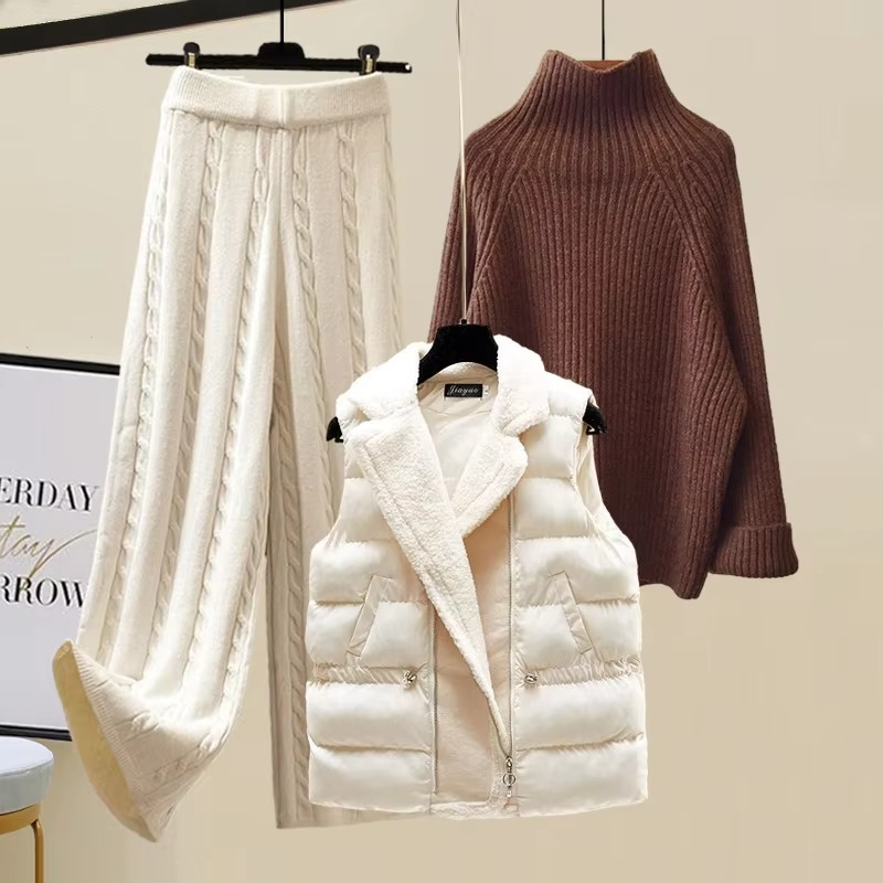 Women's 3-Piece Knitted Sweater Set with Vest, Turtleneck Pullover and Wide-Leg Pants