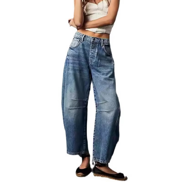 Retro Loose Fit Mid Waist Full Length Denim Jeans for Women
