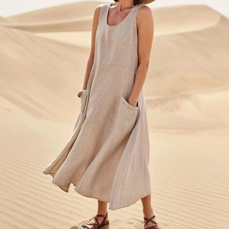 Women’s Cotton Linen Sleeveless Maxi Sundress with Pockets, Loose Fit Beachwear S-5XL