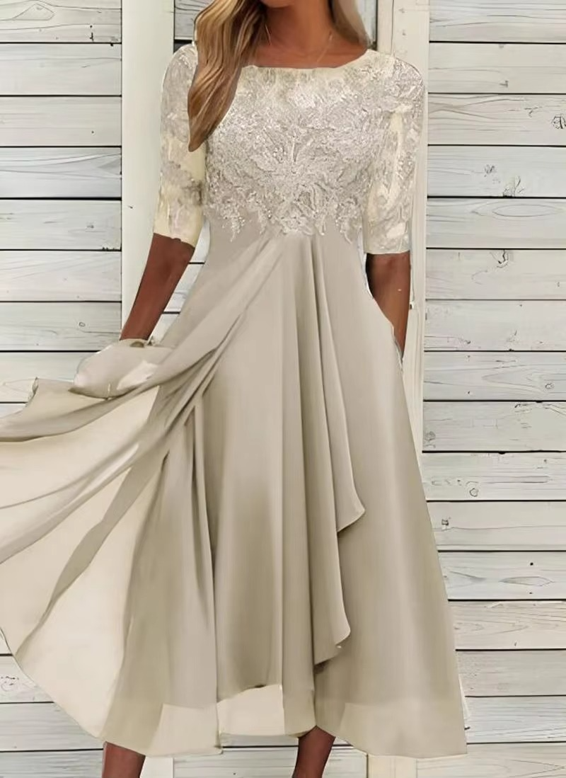 Elegant 2025 Summer Lace Embroidered Chiffon Midi Dress for Women – Formal & Party Wear