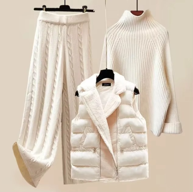 Women's Cozy Knit Three Piece Sweater and Wide Leg Pants Set