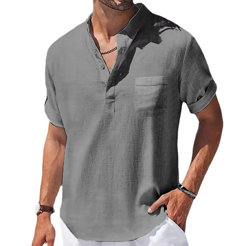 Men's Summer Cotton Linen Short Sleeve Henley Collar Casual Shirt