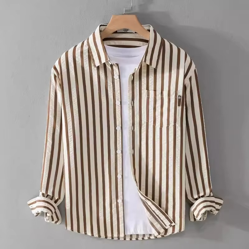 Men's Loose Fit Long Sleeve Striped Work Shirt Coat for Hairstylists