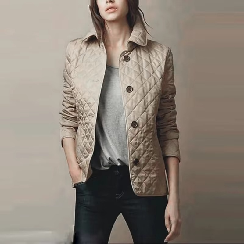 Women’s Winter Lapel Down Coat, Single Breasted Long Sleeve Slim Cotton Jacket with Pockets