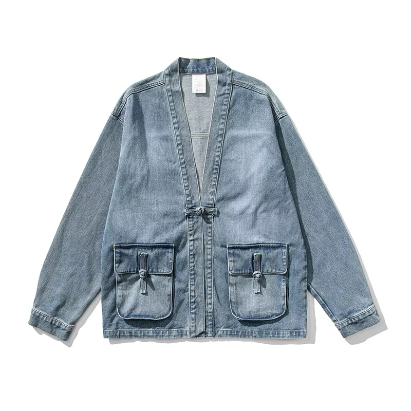 Men’s Vintage Denim Kimono Jacket, Casual Chinese Style Button Jean Coat