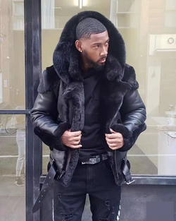 Men's Winter Leather Jacket with Fur Collar and Wool Lining