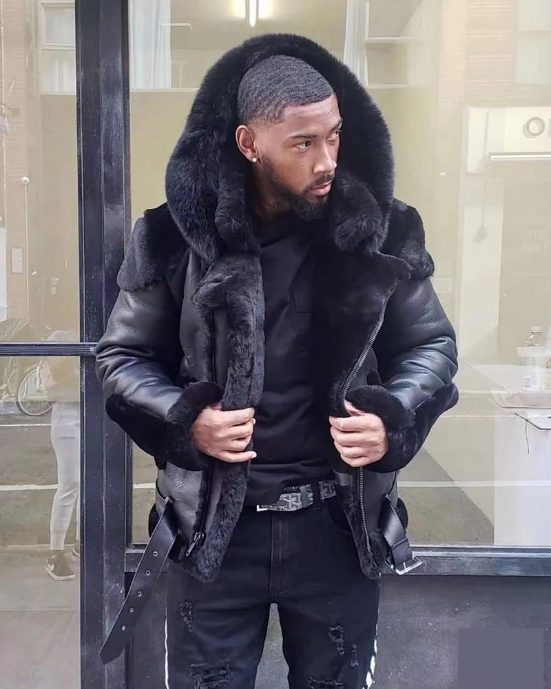 Men's Winter Leather Jacket with Fur Collar and Wool Lining