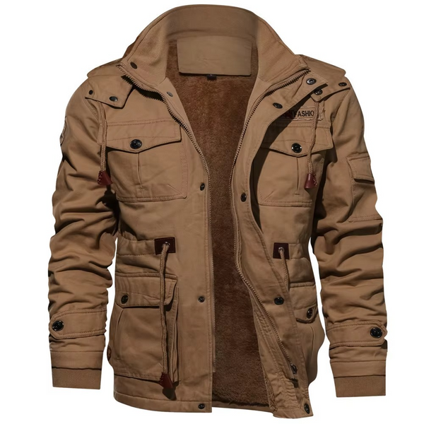 Men's Fleece Lined Hooded Cargo Jacket for Winter Outdoor Comfort