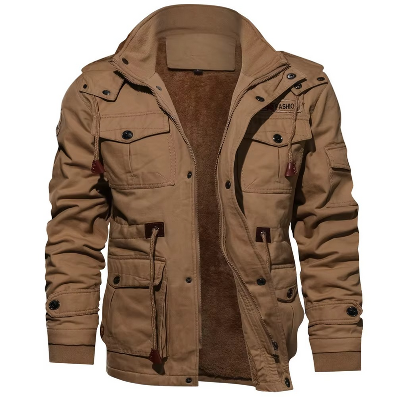 Men's Fleece Lined Hooded Cargo Jacket for Winter Outdoor Comfort