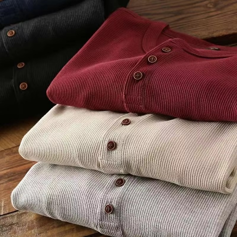 Slim Fit Men’s Henley Waffle Long Sleeve Cotton Tee