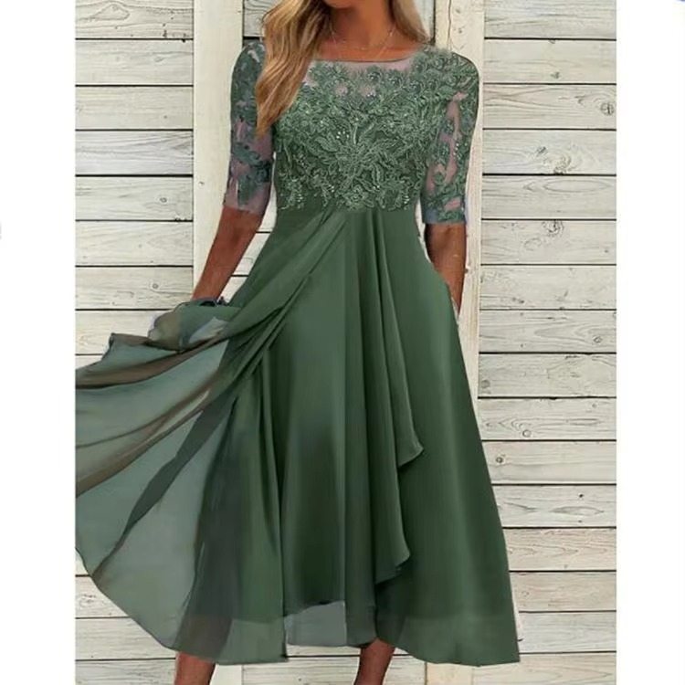 Elegant 2025 Summer Lace Embroidered Chiffon Midi Dress for Women – Formal & Party Wear