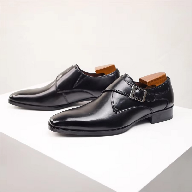 Men's Genuine Cow Leather Buckle Pointed Dress Shoes