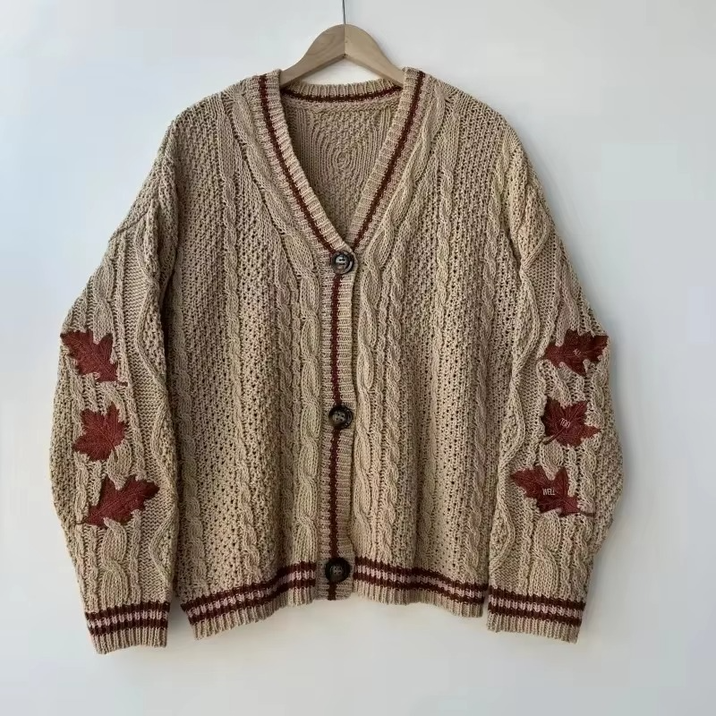 Autumn Red Maple Leaf Embroidered Knit Cardigan for Women