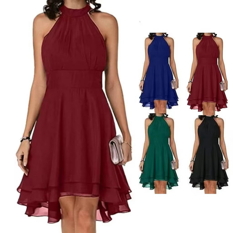 Elegant Sleeveless Halter Neck Ruffle Hem Summer Dress for Women
