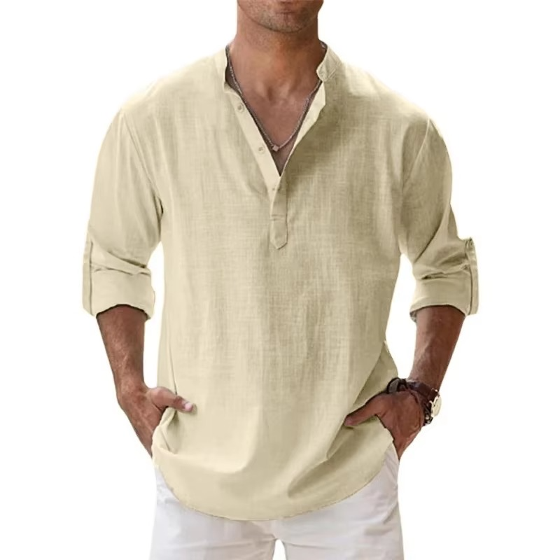 Lightweight Men’s Long Sleeve Cotton Linen Henley Shirt for Casual Beachwear