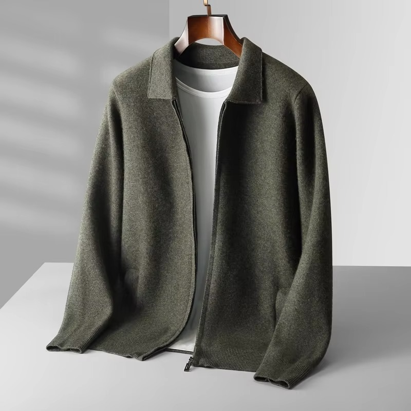 Men's 100% Wool Cardigan Sweater – 2025 Classic Knit Lapel Design
