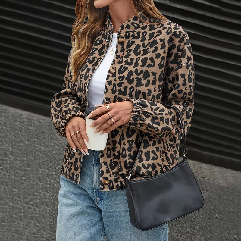 Women’s Leopard Print Stand Collar Jacket for Work and Streetwear