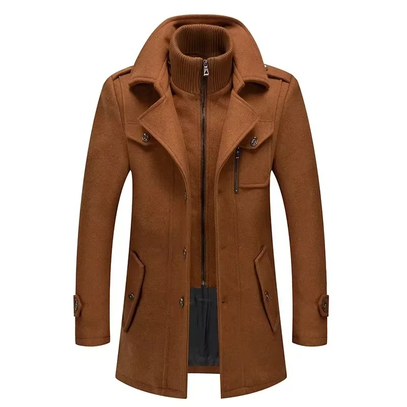 Men’s Mid-Length Wool Trench Coat, Double Collar Zipper Overcoat for Fall and Winter