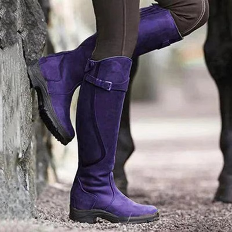 Women's PU Leather Retro Buckle Boots with Zipper and Round Toe