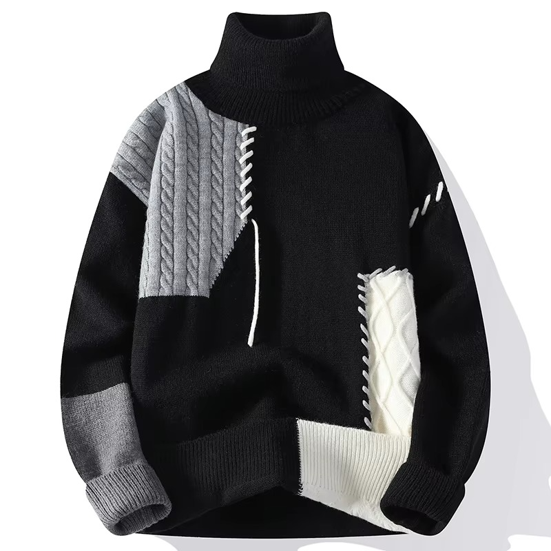 Men's Patchwork Knit Turtleneck Sweater Casual Warm Pullover
