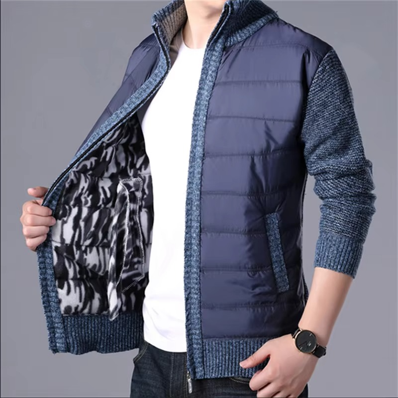 Men's Thick Knit Winter Cardigan Sweater Coat, Patchwork Warm Slim Fit Outerwear