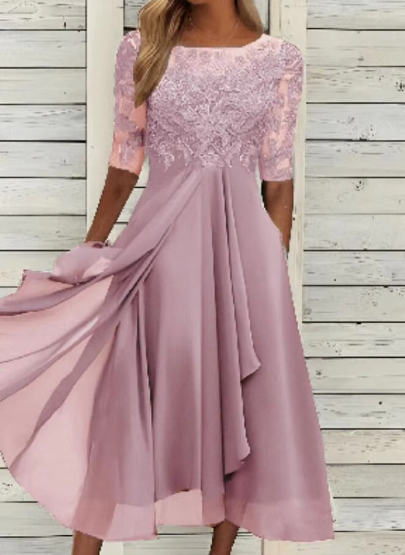 Elegant 2025 Summer Lace Embroidered Chiffon Midi Dress for Women – Formal & Party Wear