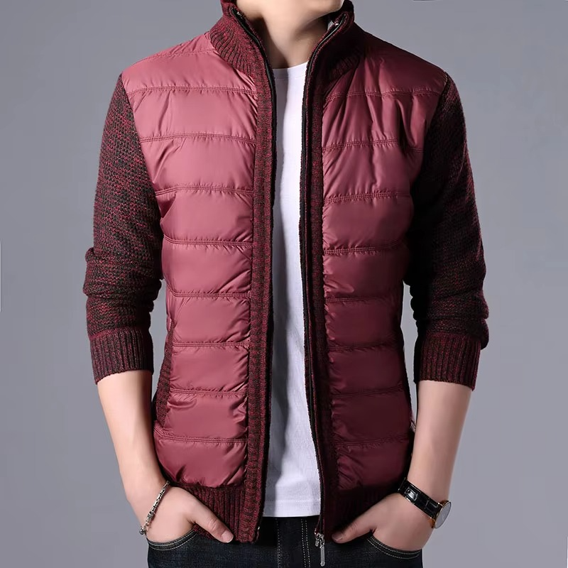 Men's Thick Knit Winter Cardigan Sweater Coat, Patchwork Warm Slim Fit Outerwear