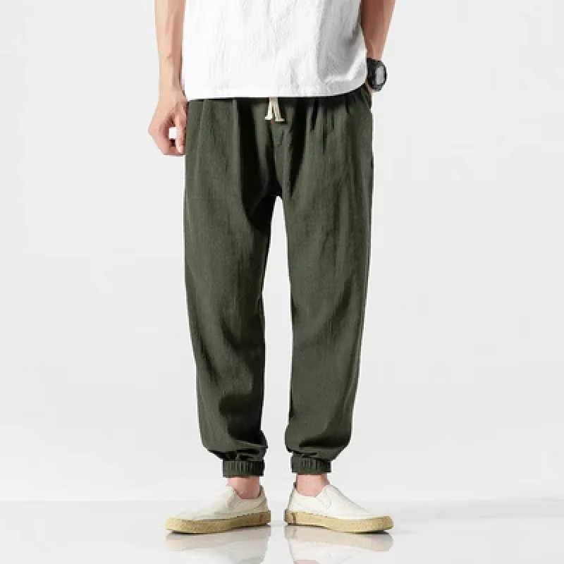 Men's Cotton Linen Casual Pants, Relaxed Fit Harem Trousers with Cuffed Ankle