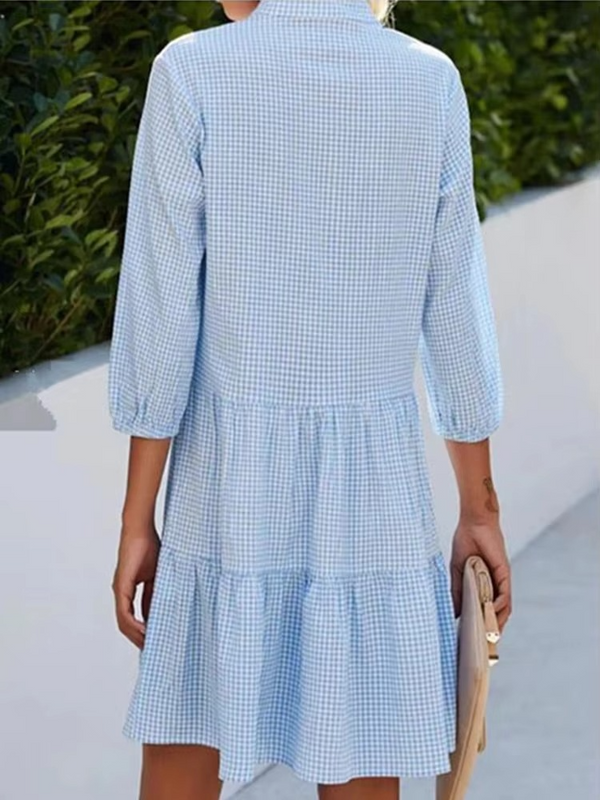 Women's Plaid V-Neck Long Sleeve Shirt Dress – Lightweight Mini Dress for Spring and Fall