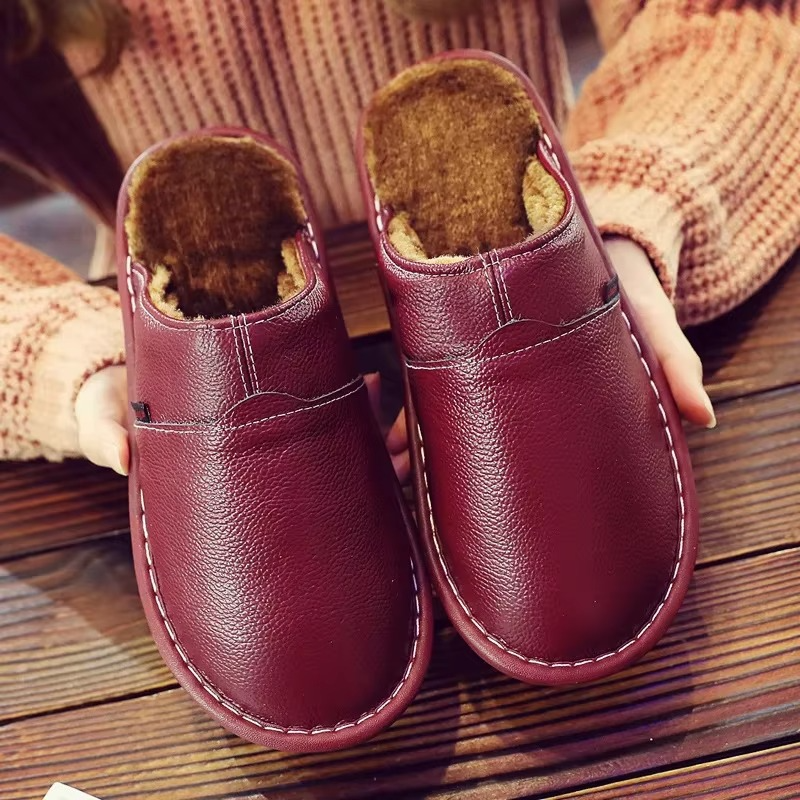 Cozy Leather Plush Waterproof Winter Slippers for Men and Women