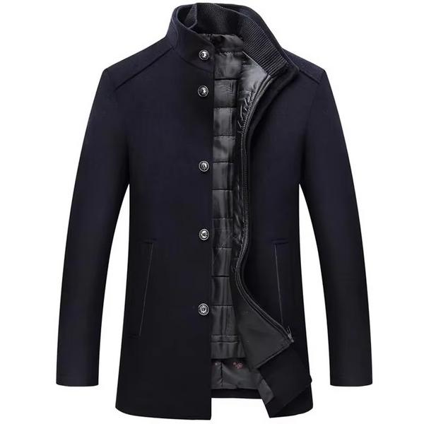 Men's Long Wool Winter Coat with Stand Collar and Detachable Vest