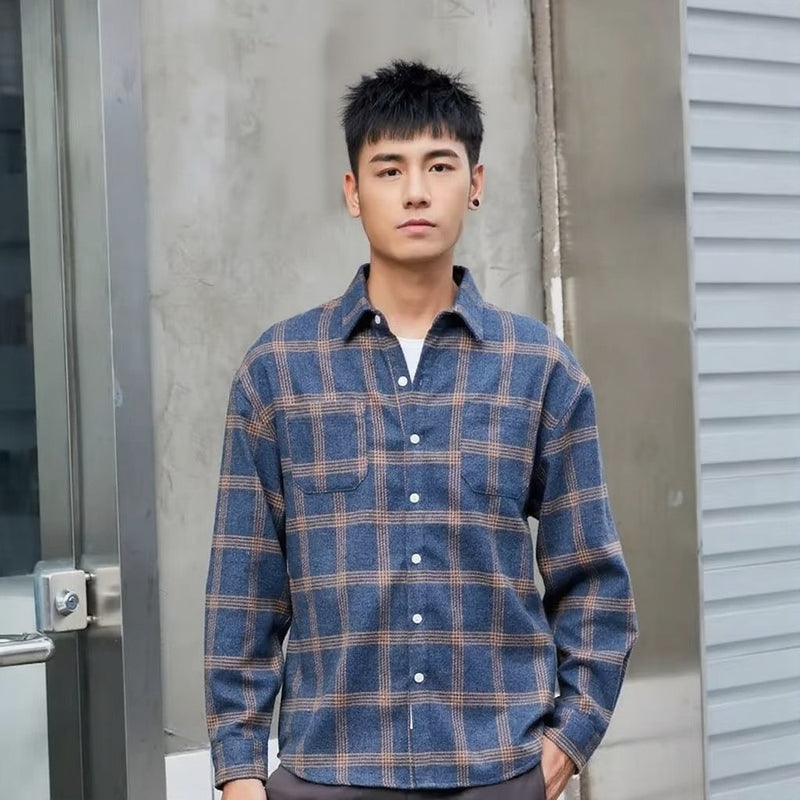 Men's Brushed Plaid Long-Sleeve Shirt, Soft Cotton Flannel Casual Button-Down for Fall and Winter