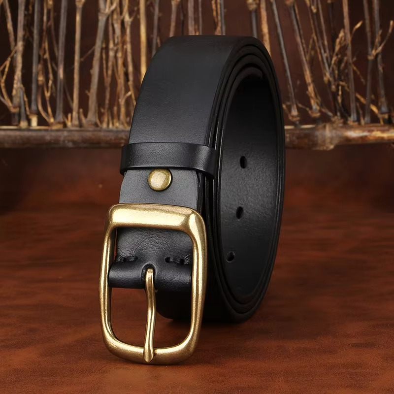 Men's Genuine Leather Belt with Solid Brass Pin Buckle, Vintage Casual Dress Belt