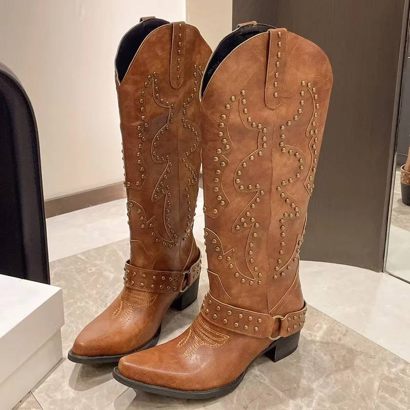 Women’s Retro Brown Rivet Knee High Cowboy Boots with Chunky Heel