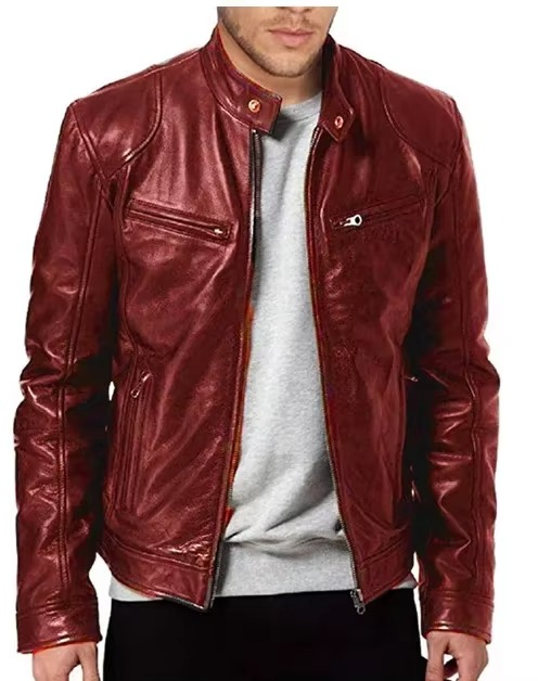 Men's Slim Fit PU Leather Jacket, Stand Collar, Anti‑Wind Motorcycle Style