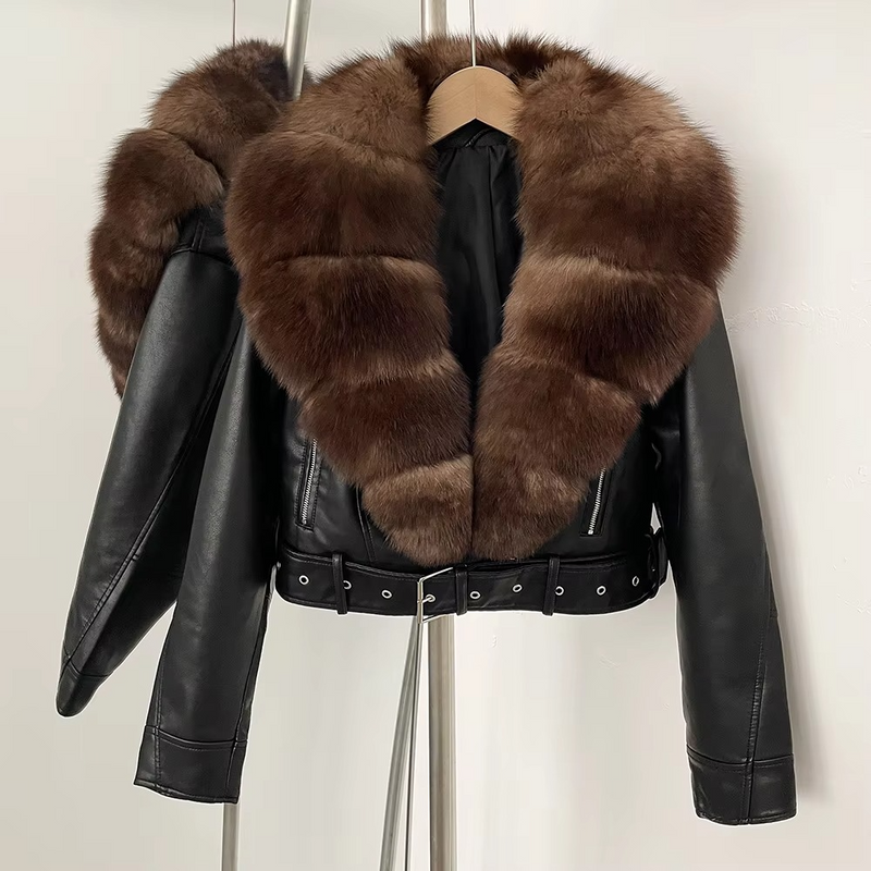 Women's Sheepskin Leather Coat with Real Fox Fur Collar — Warm Slim Fit Winter Jacket