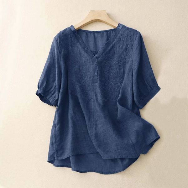 Vintage Cotton Linen V Neck Short Sleeve Summer Blouse for Women