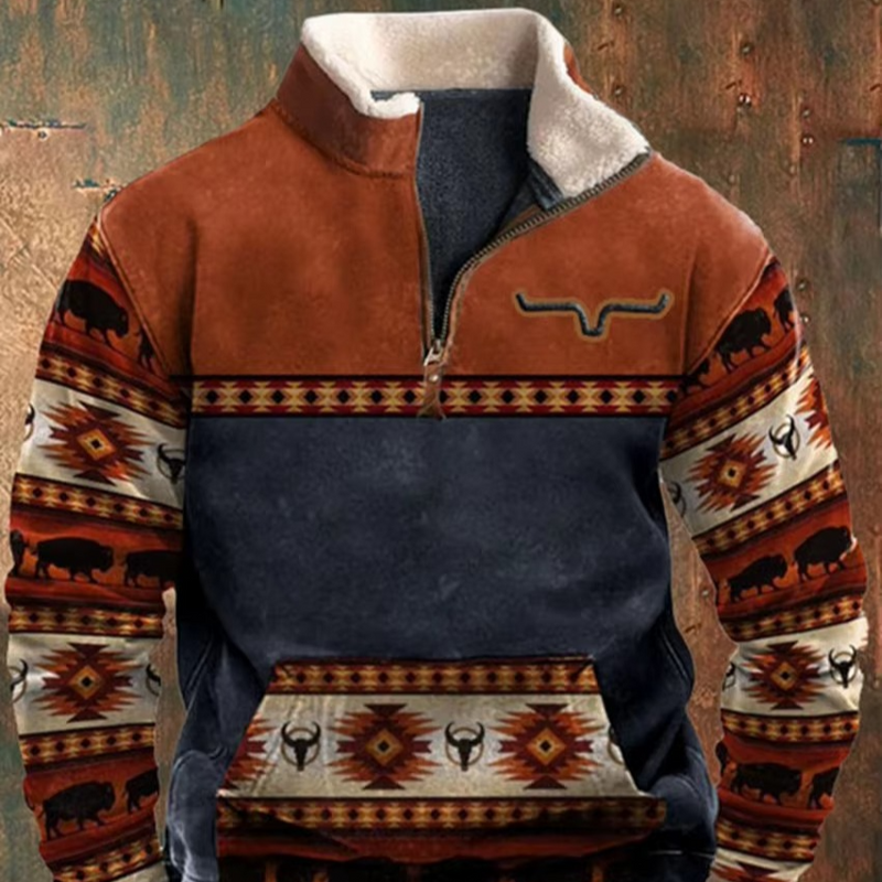 Men’s Retro 3D Printed Hooded Jacket with Leather Collar and Zipper Closure