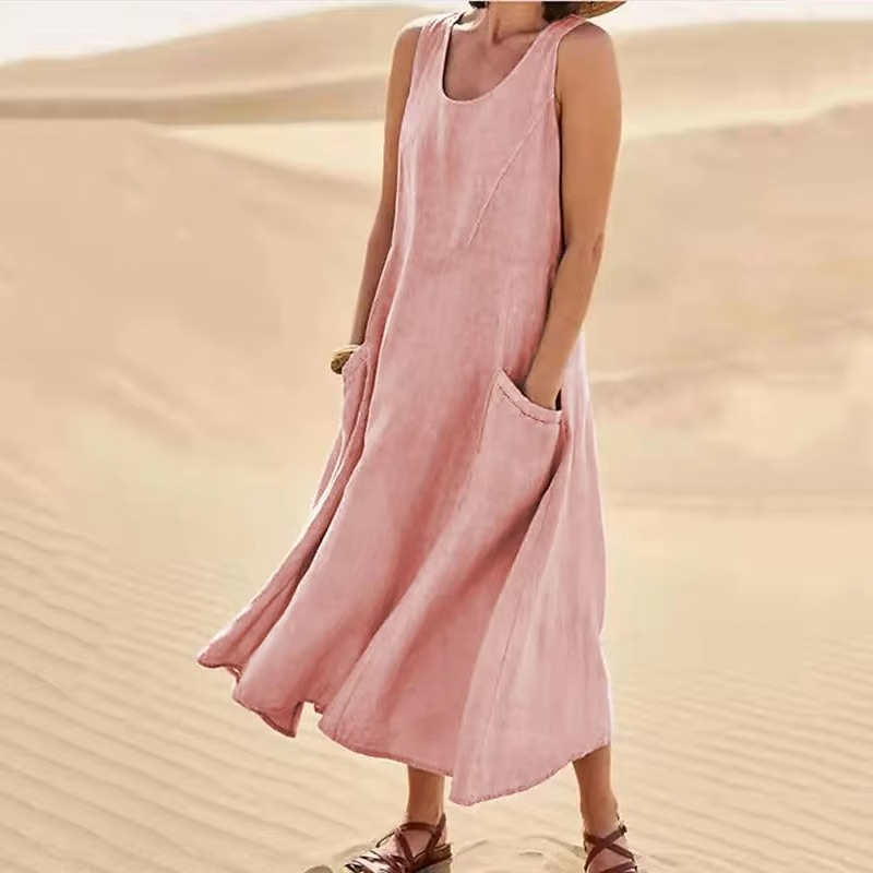 Women’s Cotton Linen Sleeveless Maxi Sundress with Pockets, Loose Fit Beachwear S-5XL