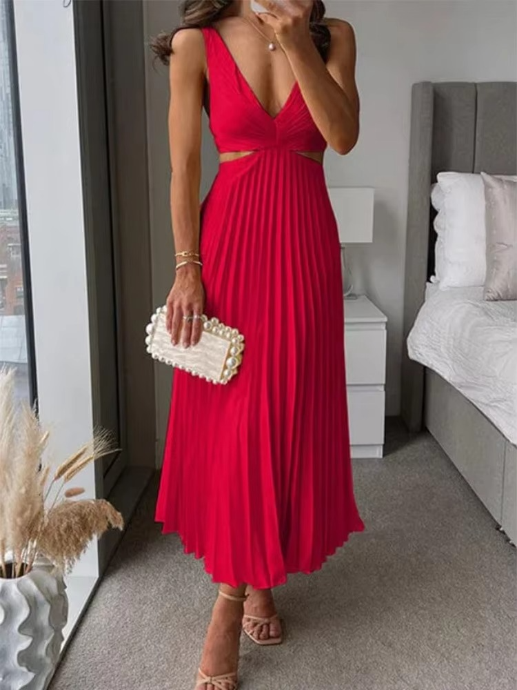 Elegant Sleeveless Summer Maxi Dress with Deep V Neck and Pleated High Waist Design