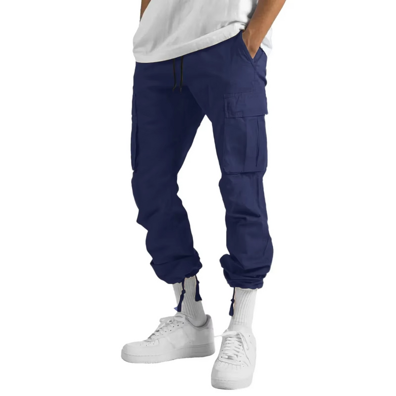 2025 Men's Solid Cargo Pants with Multi Pocket Design and Adjustable Drawstring